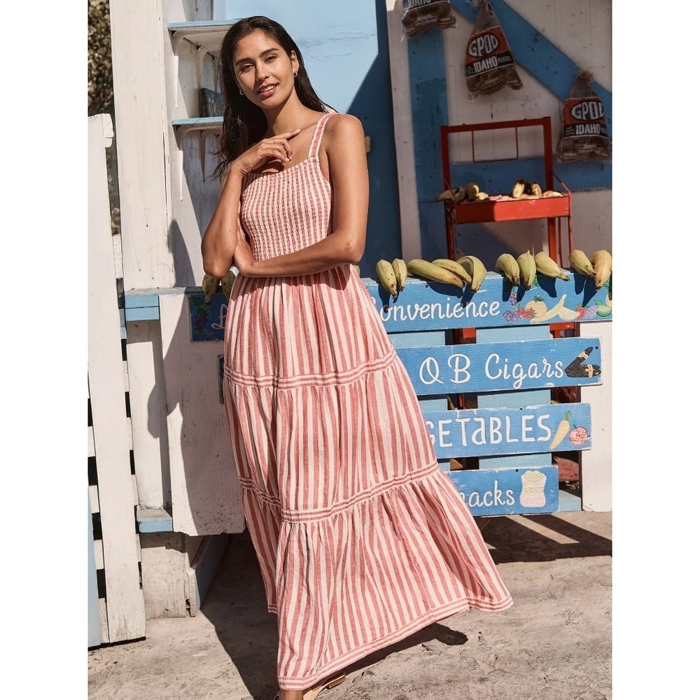 Marine Layer Womens Selene Linen Blend Maxi Dress XL Striped Smocked Square Neck